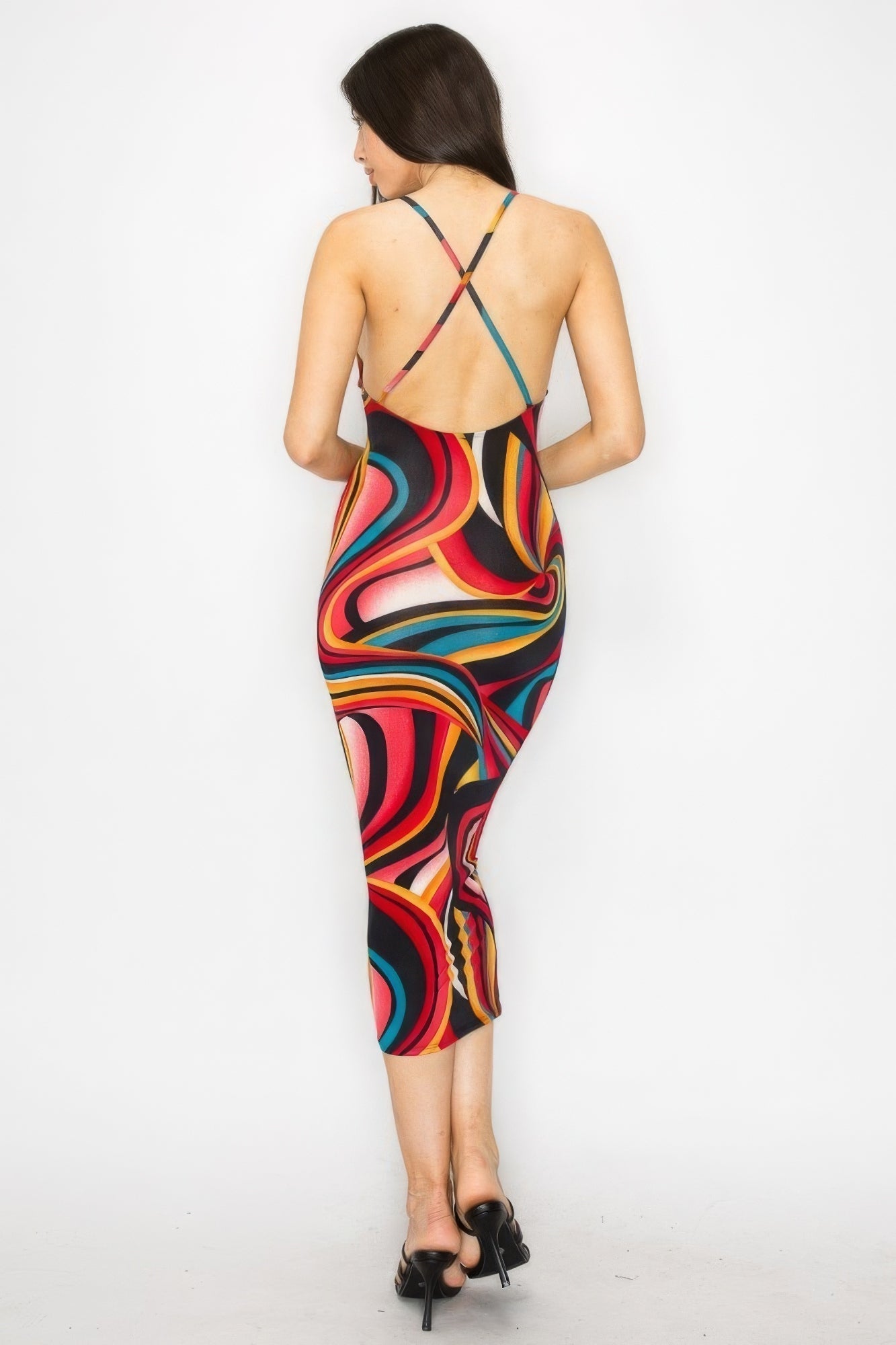 Chic Midi Dress with Crossed Back - Multicolor Marble Print