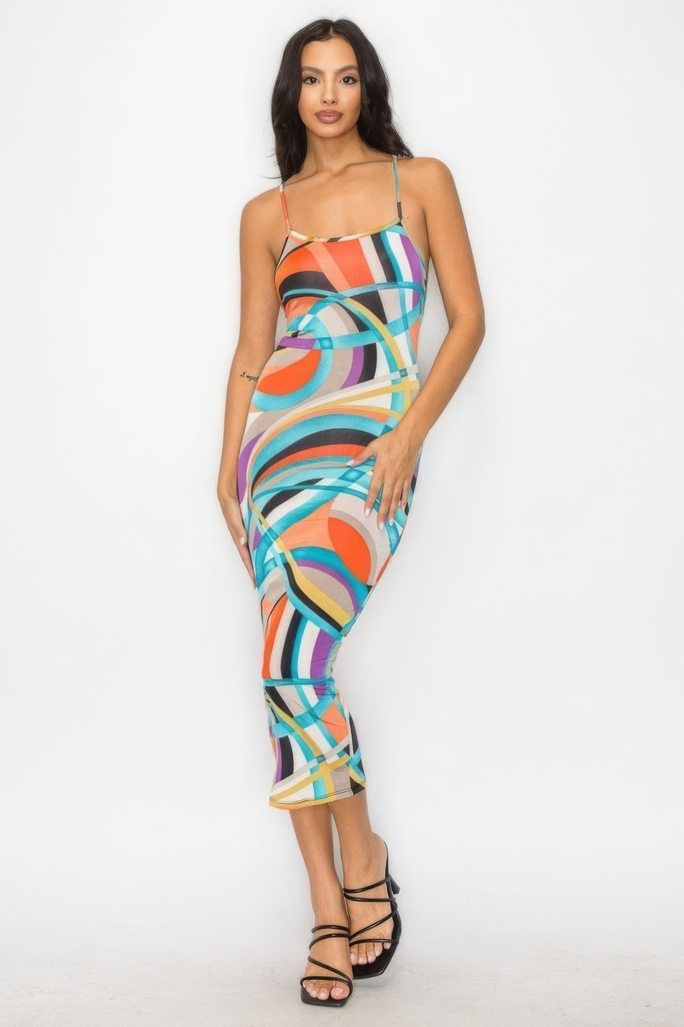 Chic Midi Dress with Crossed Back - Multicolor Marble Print