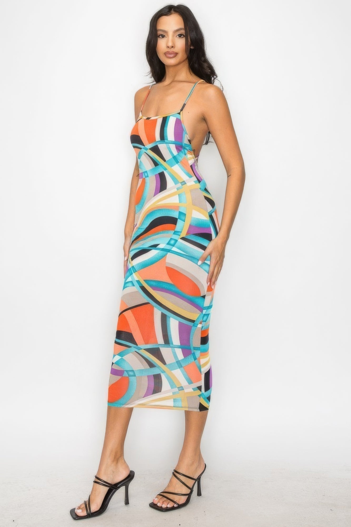 Chic Midi Dress with Crossed Back - Multicolor Marble Print