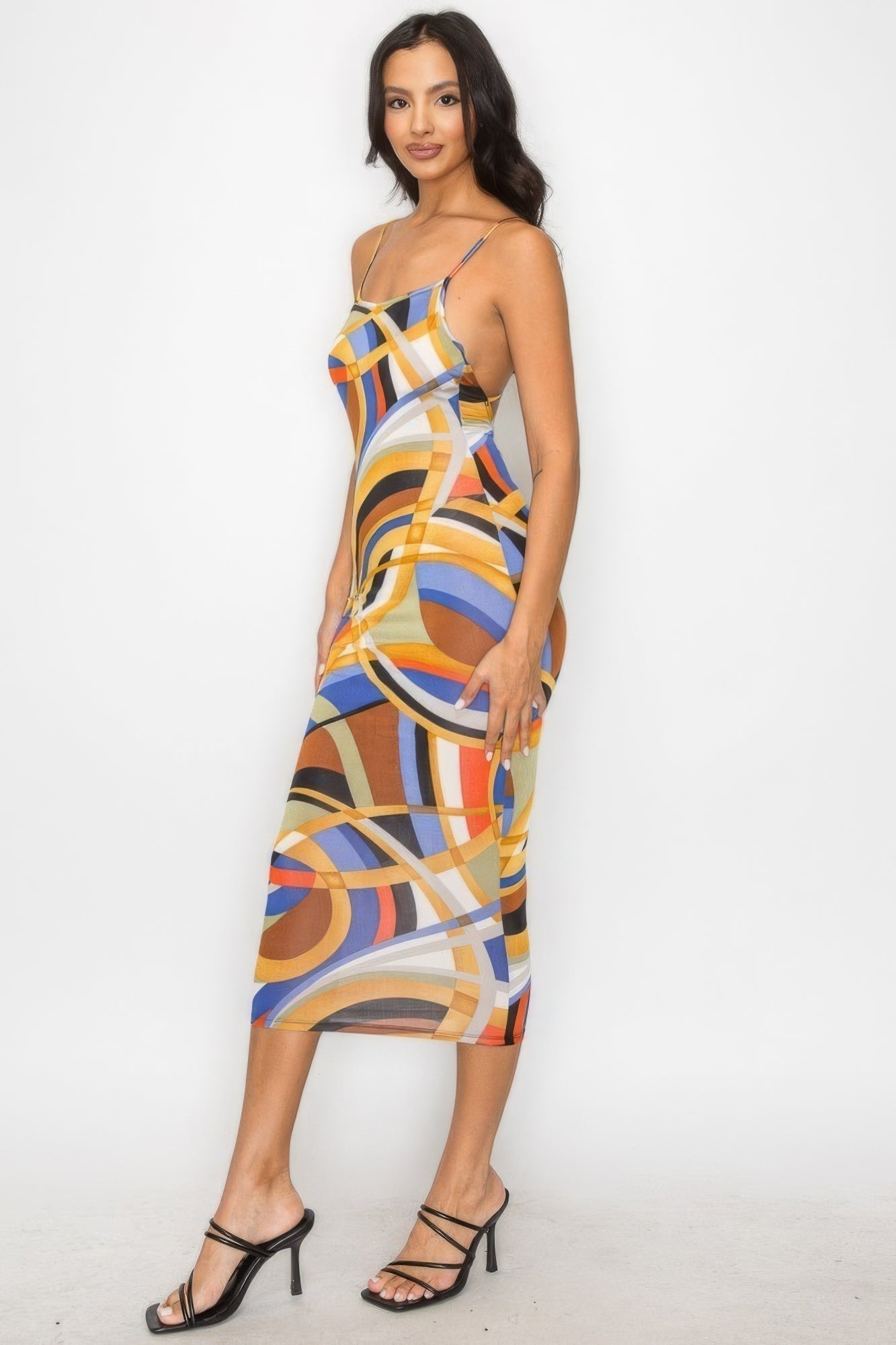 Chic Midi Dress with Crossed Back - Multicolor Marble Print