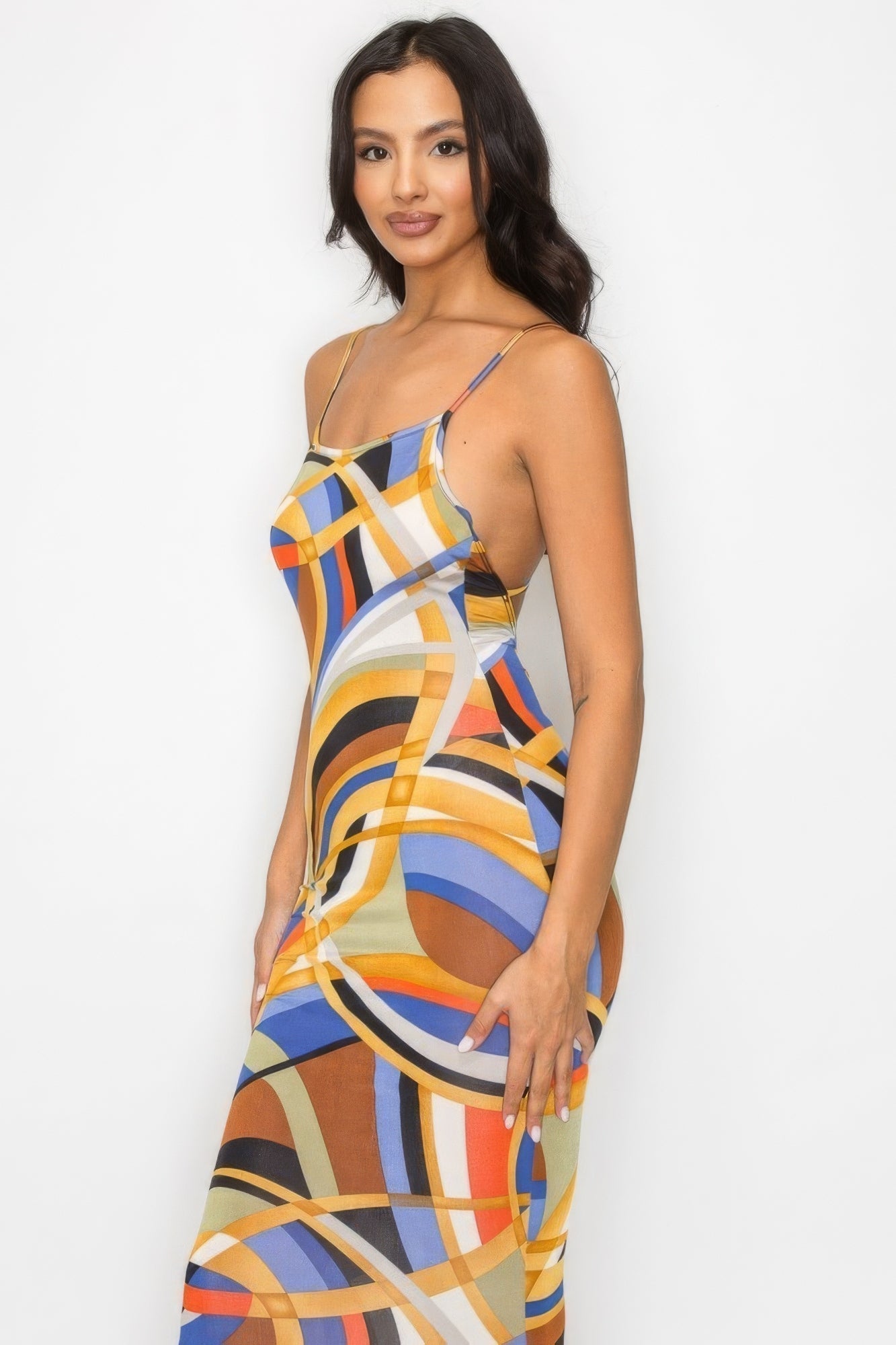 Chic Midi Dress with Crossed Back - Multicolor Marble Print