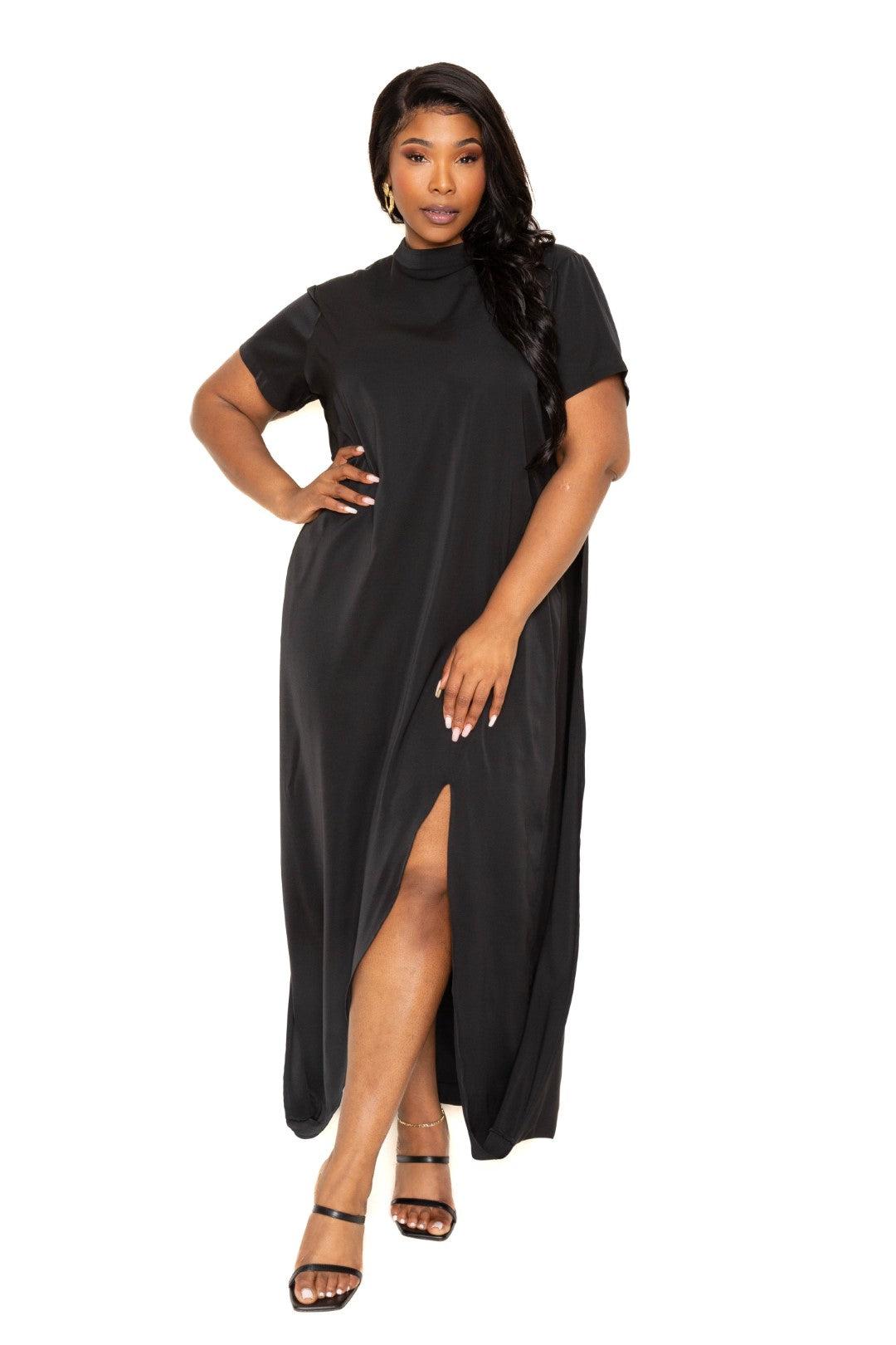 Mock neck black cape dress with slit, plus size 1XL-3XL, elegant one-piece design, high-stretch polyester spandex blend.