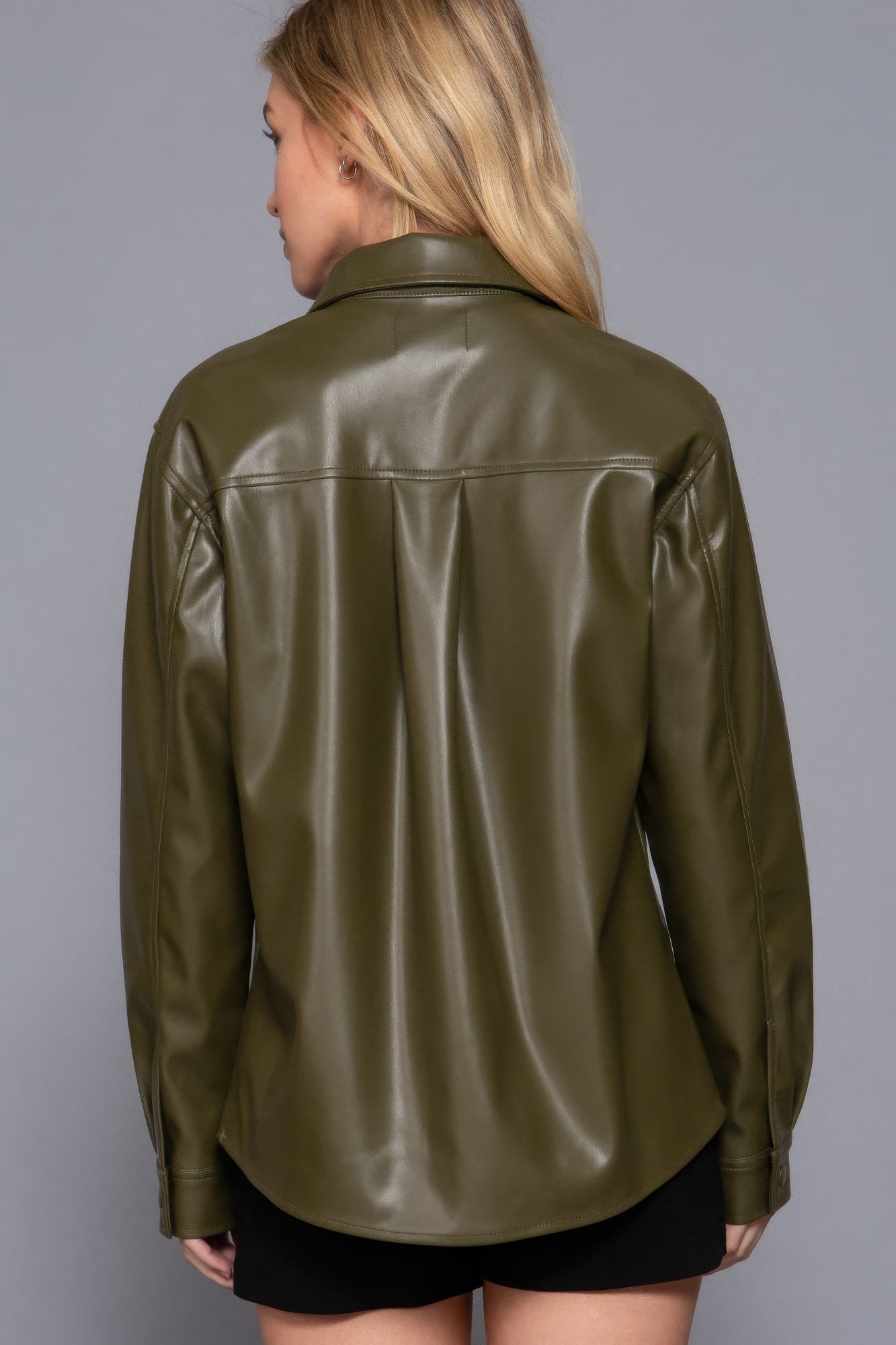 Olive faux leather shacket, long sleeve, relaxed fit, back view, perfect layering for seasonal transition, chic and versatile style.