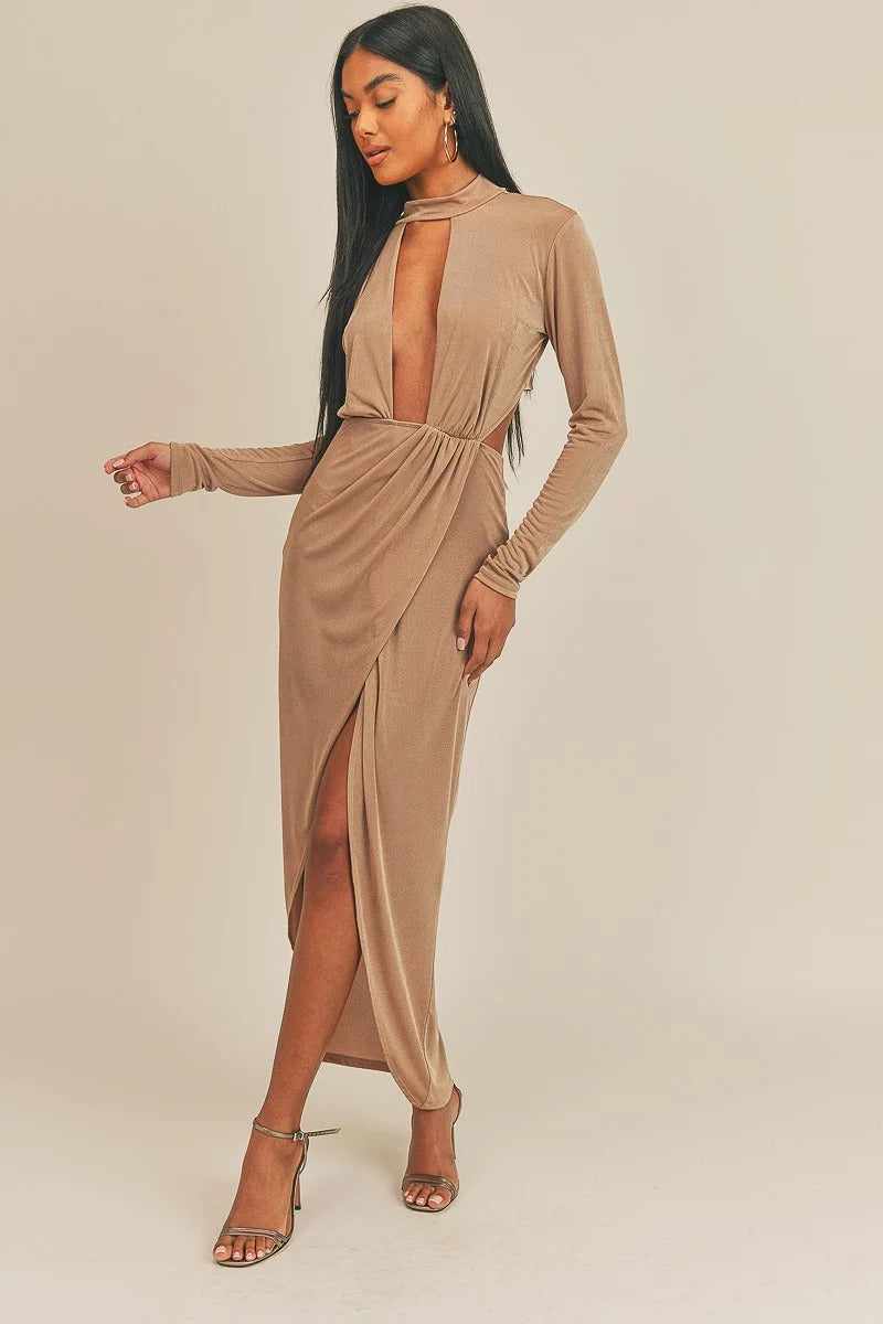 Pecan Brown Open Front Dress with long sleeves and slit skirt, made of polyester and spandex, modeled for fashion display.