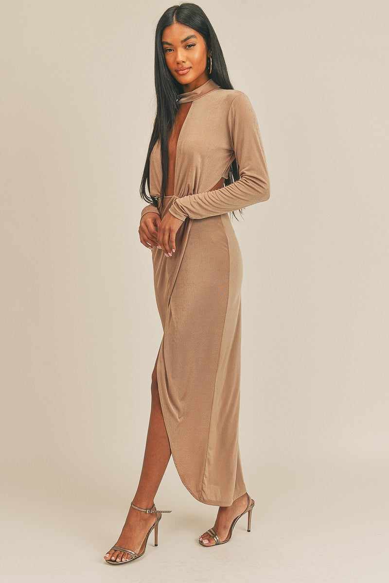 Woman wearing a stylish pecan brown open front dress made from polyester and spandex, highlighting elegant design and comfort.