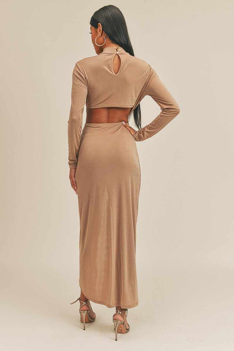 Pecan Brown Open Front Dress with Keyhole Back, Made in USA, Long Sleeve and Maxi Length, 95% Polyester, 5% Spandex Fabric.