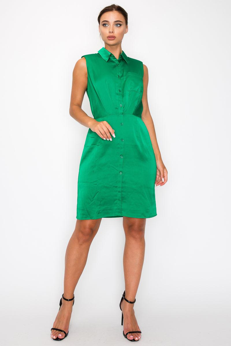 Green button-down pleated shirt dress with collar, sleeveless design, cinched waist, and knee length. Perfect for chic styling.