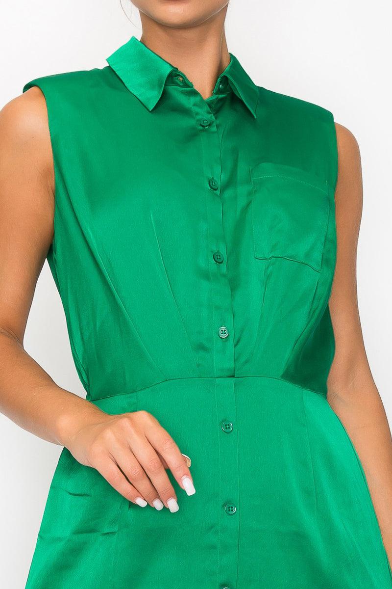 Green button-down pleated shirt dress with collar and chest pocket, featuring sleeveless design and cinched waist.