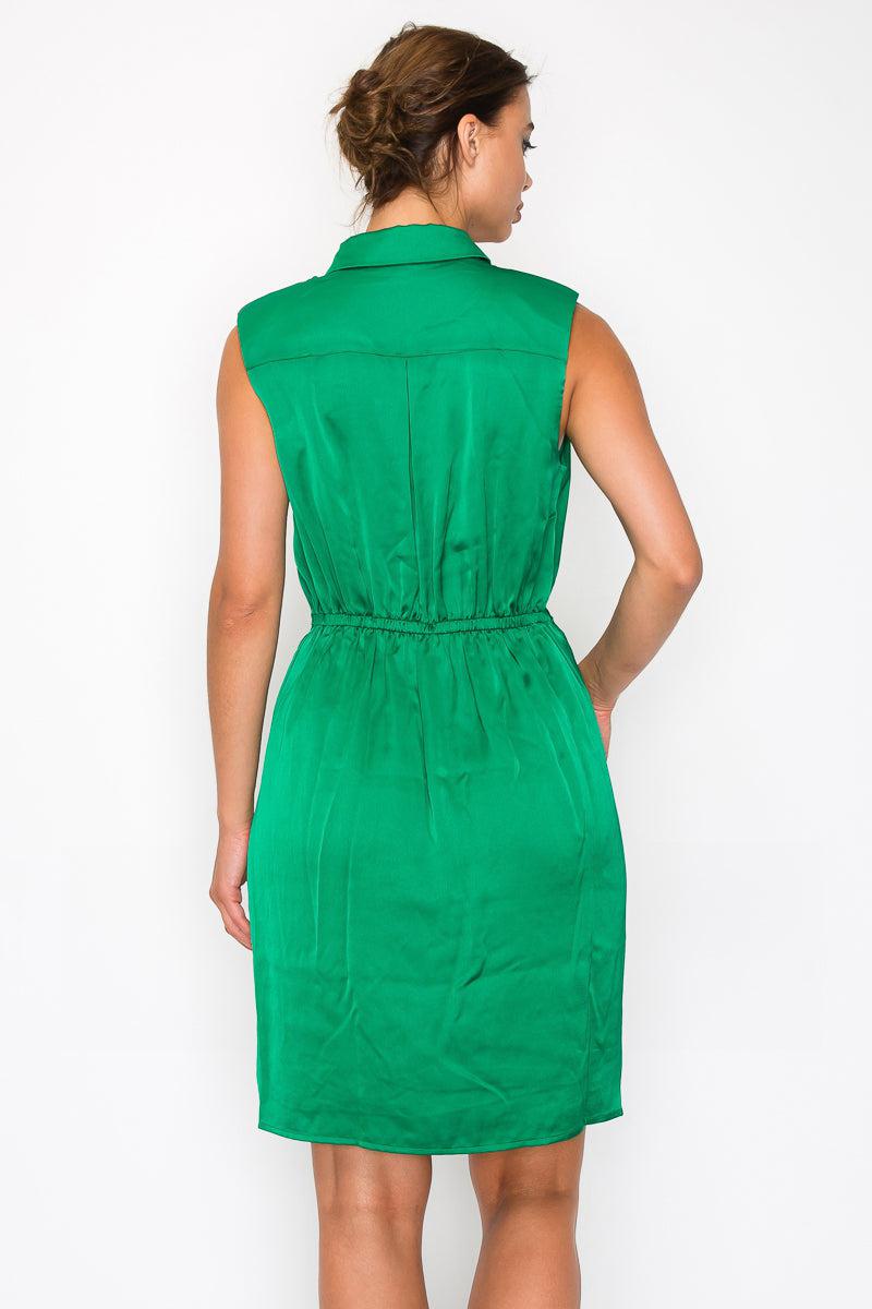 Green button-down pleated sleeveless shirt dress with collar and cinched waist, back view.