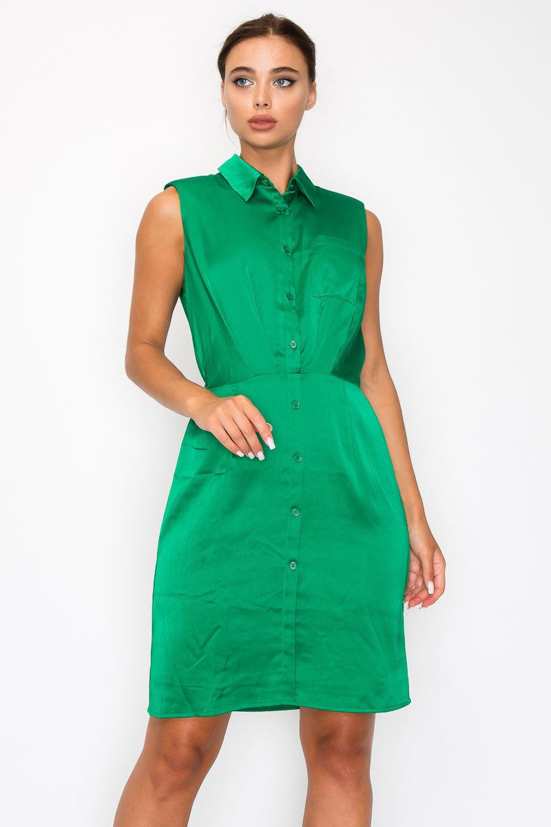 Green sleeveless button-down pleated shirt dress with collar and cinched waist, featuring a solid color and knee-length design.