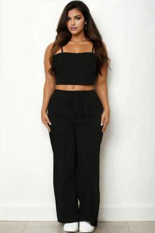 Plus size bustier crop cami top and straight pants set in black, front view, featuring a chic and coordinated outfit.