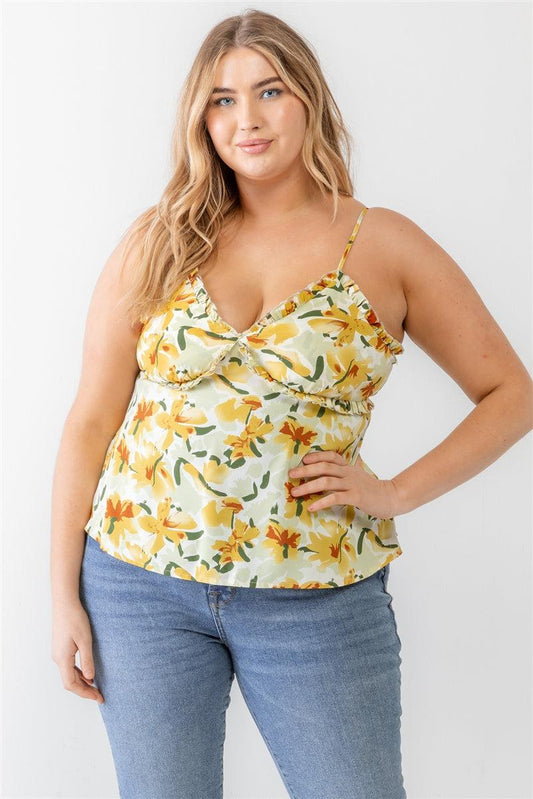 Plus size floral print woven tank top with adjustable straps and ruffle details in sage, featuring a v-neckline and back zipper.