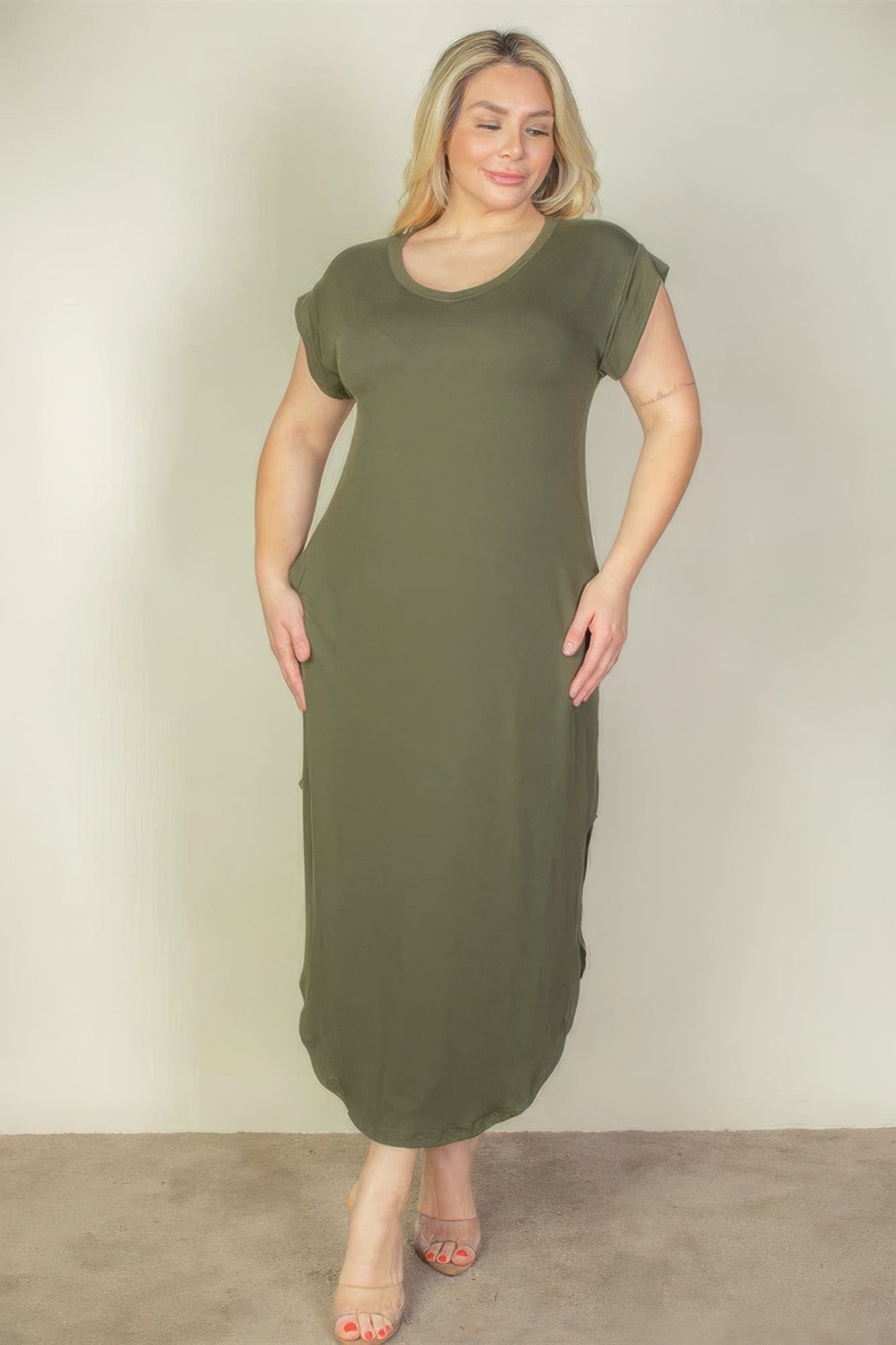 Plus size olive V neck maxi dress with batwing sleeves and concealed pockets, flattering silhouette, available in 1XL-3XL.