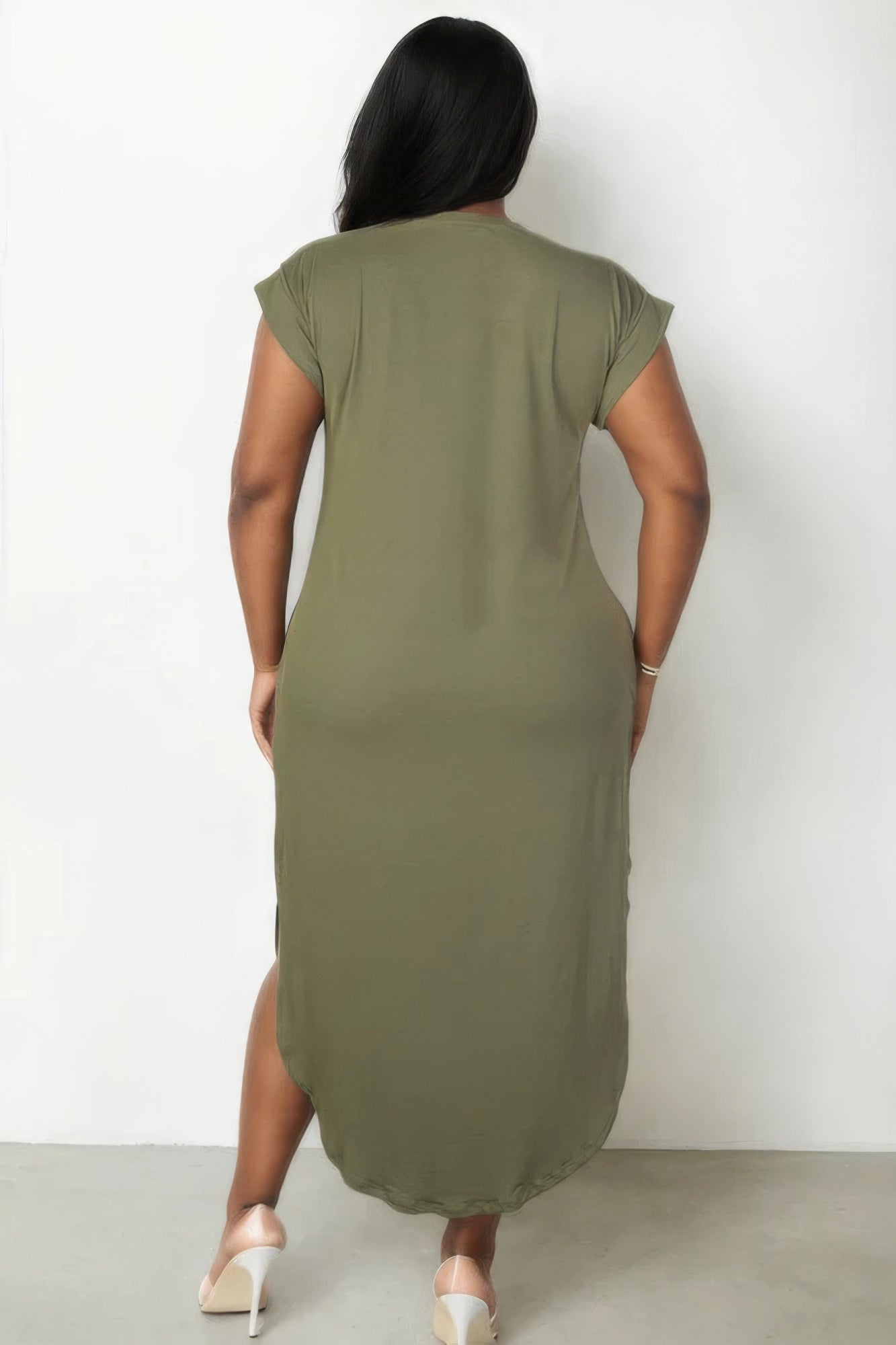 Plus size olive maxi dress with batwing sleeves, V-neck, and concealed pockets, shown from the back for a chic look.