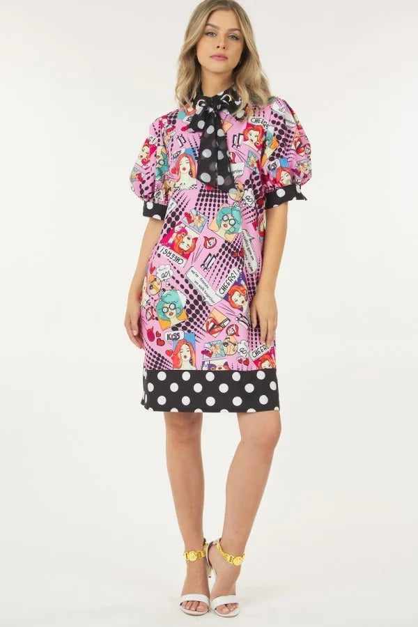 Pink print midi dress with polka dot finish and colorful cartoon pattern, featuring puff sleeves and a bow tie collar.