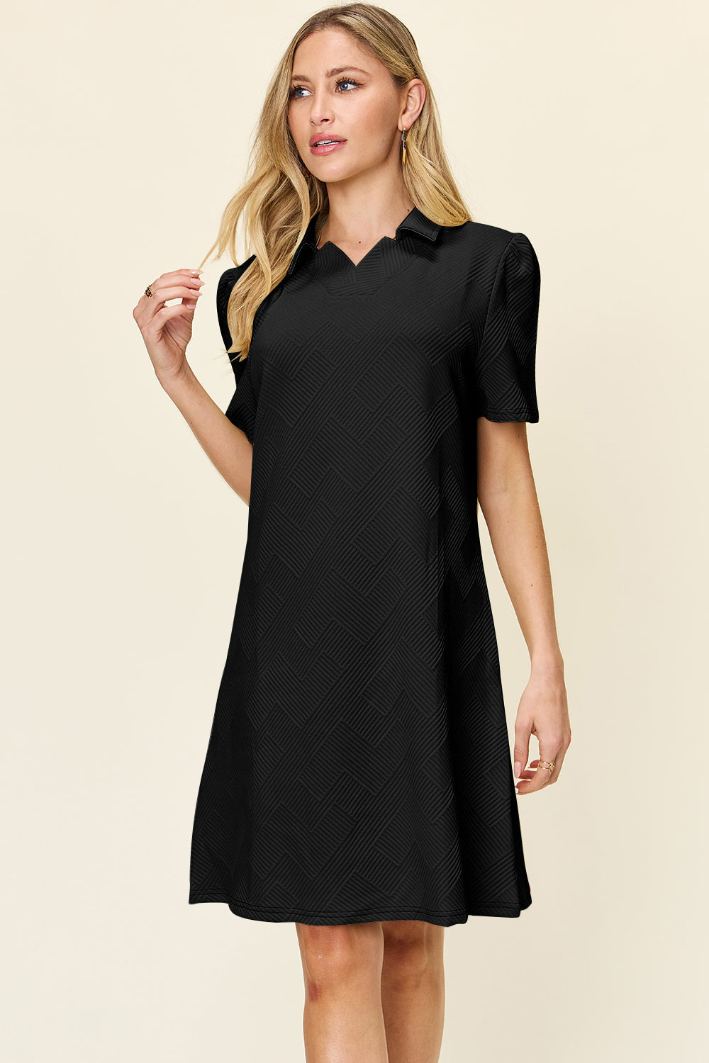 Women's black texture collared neck short sleeve dress, featuring a basic style with slight stretch, made of 98% polyester and 2% spandex.