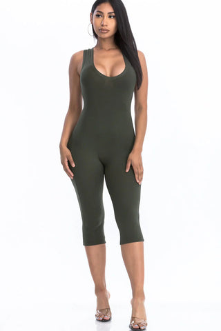 Chic women's capri jumpsuit with racer back in green, showcasing a flattering fit and trendy style for summer wear.
