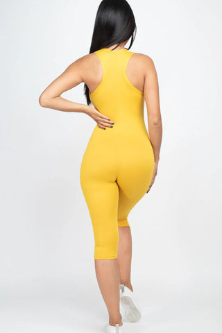 Yellow racer back women's capri jumpsuit in lightweight jersey fabric, showcasing a slenderizing silhouette and versatile summer style.