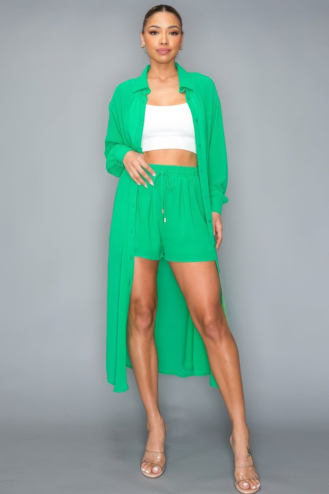 Green button down long sleeve chiffon two-piece set with side slit and shorts, relaxed fit for all-day comfort.