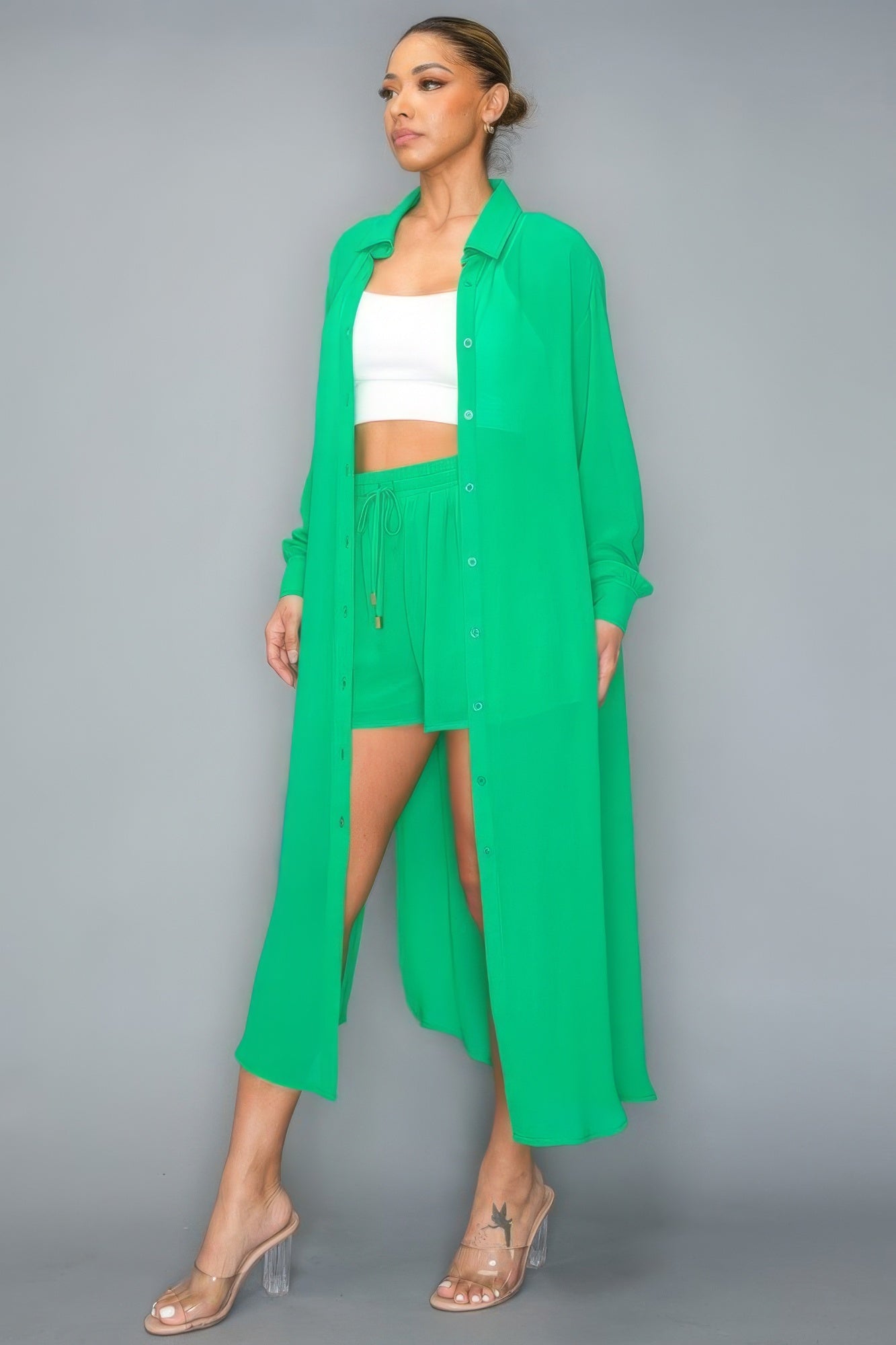 Green button-down long sleeve chiffon two-piece set with side slit, featuring relaxed fit shorts and all-day comfort.