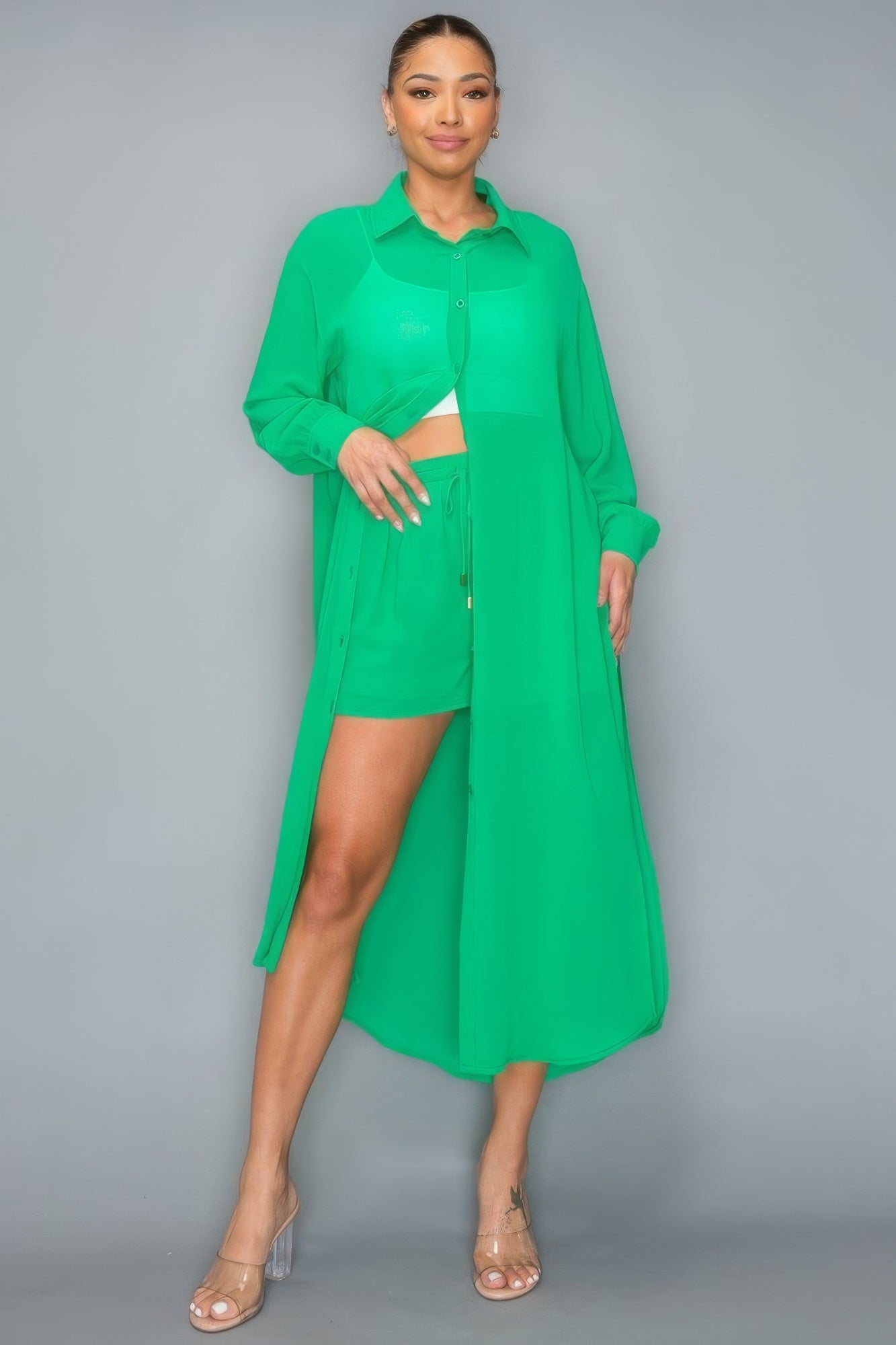 Green chiffon button down long sleeve side slit two-piece set with relaxed fit shorts, ideal for comfortable all-day wear.