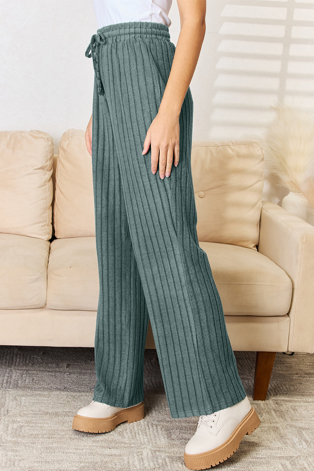 Ribbed straight pants with drawstring in teal, featuring a slightly stretchy fit.