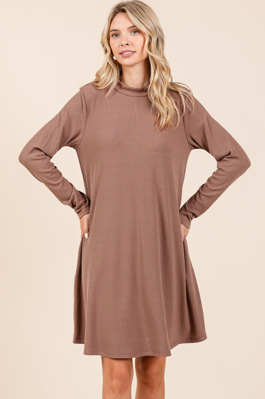 Cocoa mock neck long sleeve dress with pockets, slightly stretchy fabric, 65% polyester, 26% rayon, 9% spandex.