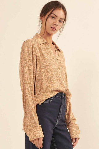 Collared Neckline Floral-print Shirt-Caramel