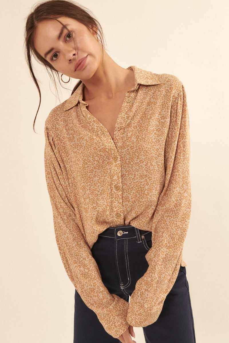 Collared Neckline Floral-print Shirt-Caramel