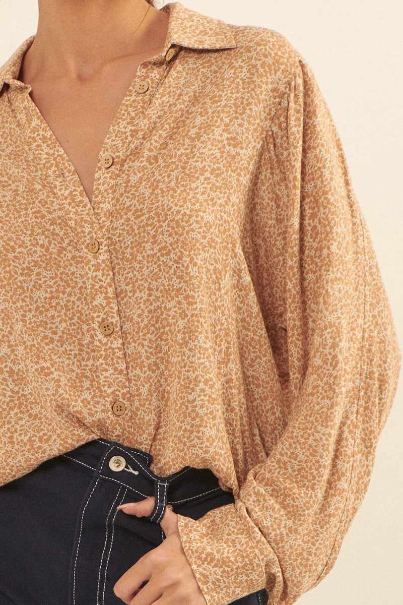 Collared Neckline Floral-print Shirt-Caramel