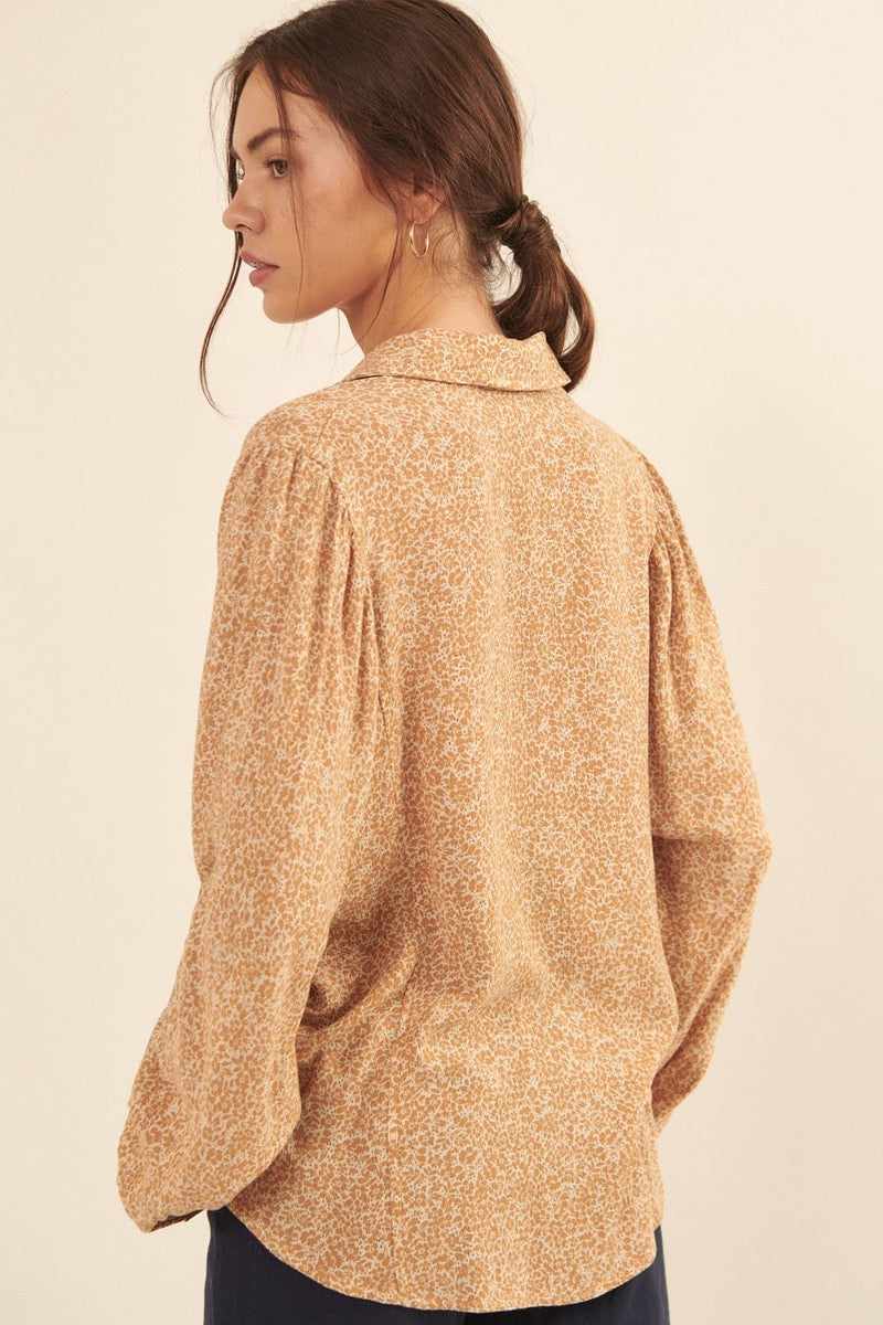 Collared Neckline Floral-print Shirt-Caramel