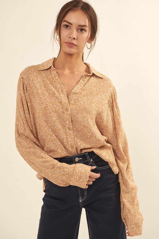 Collared Neckline Floral-print Shirt-Caramel