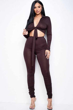 Collared Tie Front Top And Ruched Pants Set-Brown
