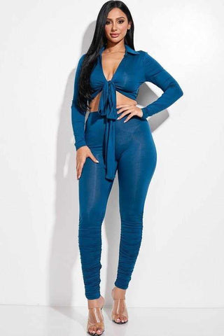 Collared Tie Front Top And Ruched Pants Set-Teal