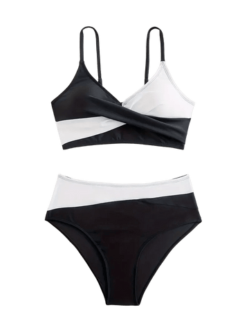 Color Block Bikini Set | Wrap Front Push-Up Two Piece Swimsuit | High Waist