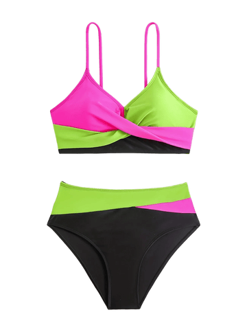 Color Block Bikini Set | Wrap Front Push-Up Two Piece Swimsuit | High Waist