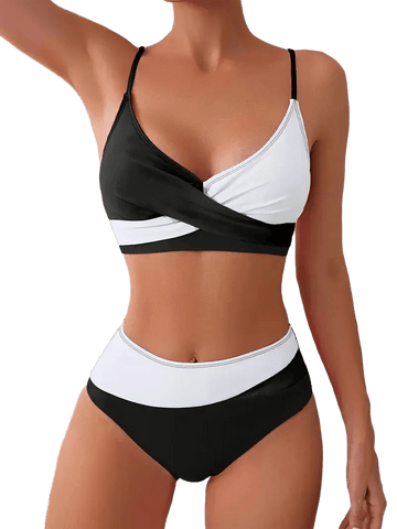 Color Block Bikini Set | Wrap Front Push-Up Two Piece Swimsuit | High Waist