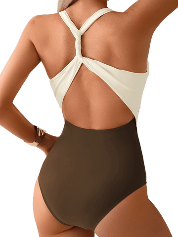 Color Block One-Piece Swimsuit | Halter Neck Tie Bathing Suit