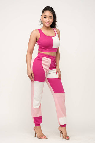 Color Block Tank Top And Waistband Pants Set