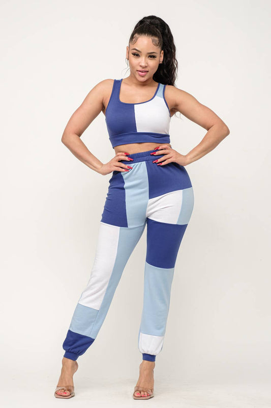 Color Block Tank Top And Waistband Pants Set