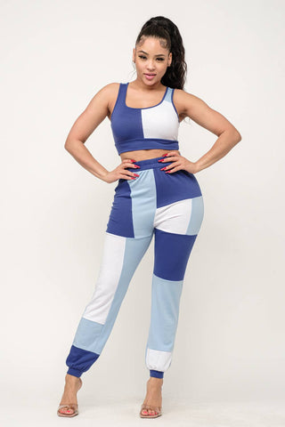 Color Block Tank Top And Waistband Pants Set