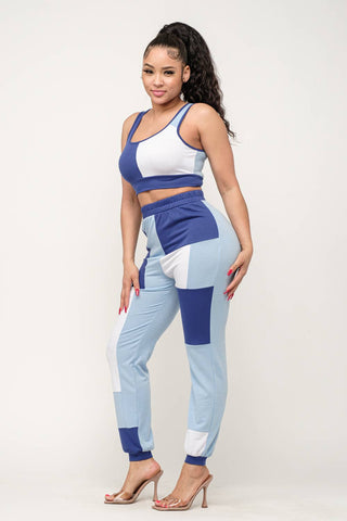 Color Block Tank Top And Waistband Pants Set