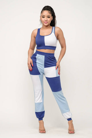 Color Block Tank Top And Waistband Pants Set