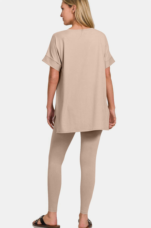 V-Neck lounge set with rolled sleeve t-shirt and leggings in beige, perfect for comfort and style during casual outings.