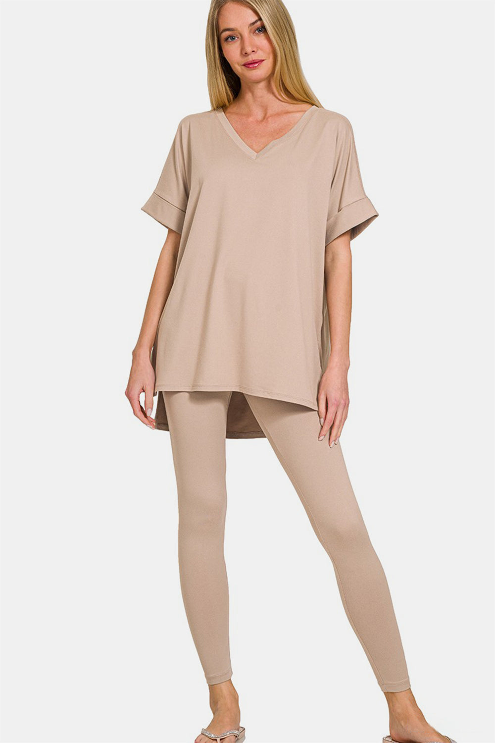 V-Neck Rolled Short Sleeve T-Shirt and Leggings Lounge Set in beige, ideal for comfortable lounging or casual outings.