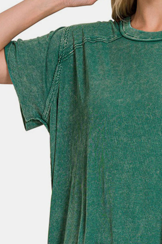 Green washed ribbed short sleeve top with moderate stretch, showcasing basic style and opaque fabric made of rayon and spandex.