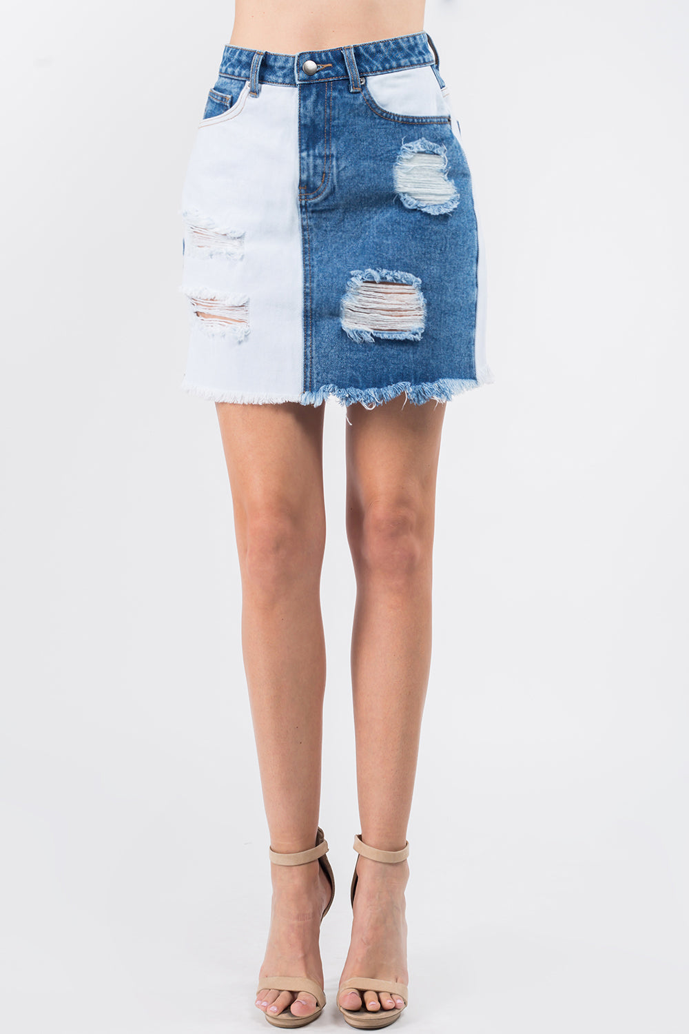 Contrast Patched Frayed Distressed Denim  Women Skirts