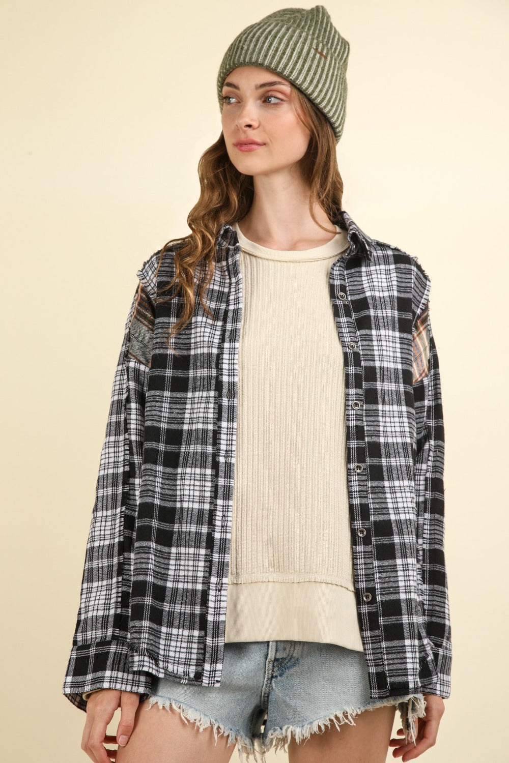 Contrast Plaid Raw Detail Shirt | Casual Oversized Black Top