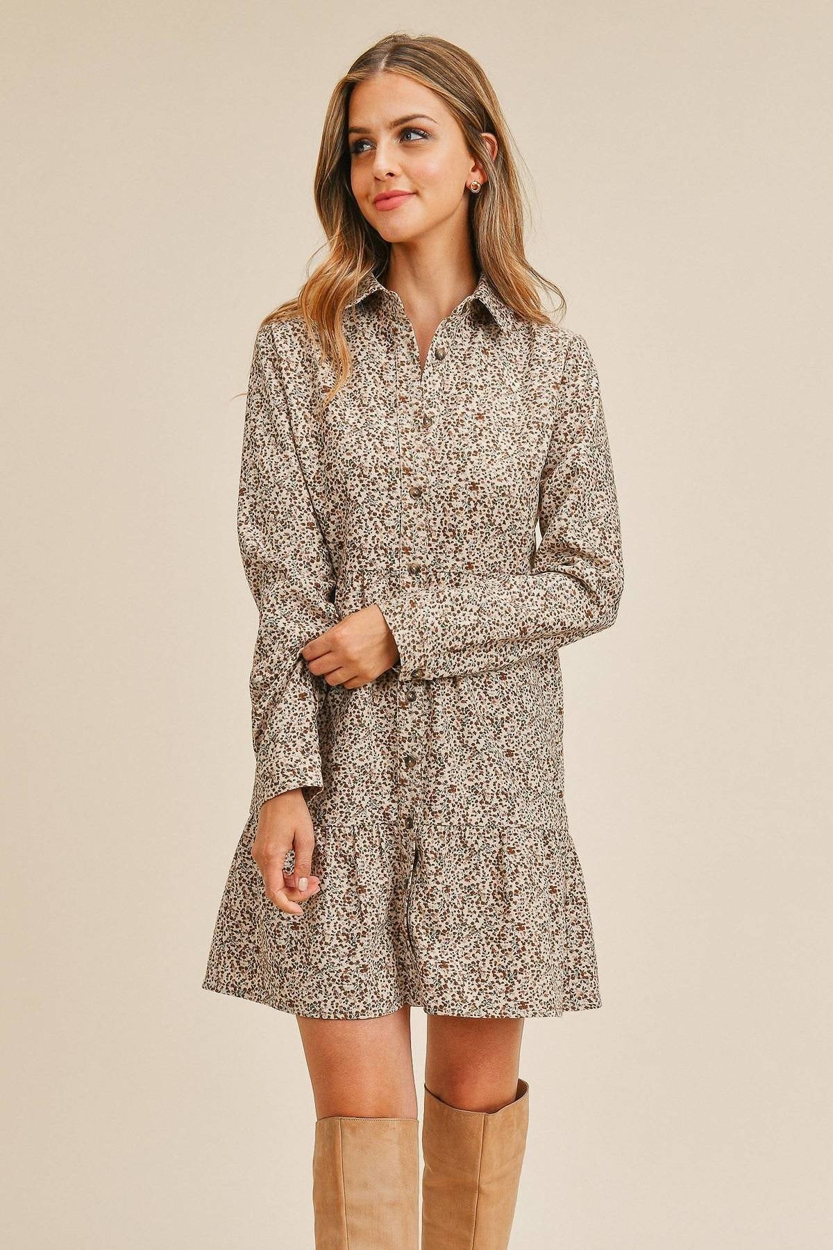 Corduroy Printed Button Down Dress-Taupe/Multi