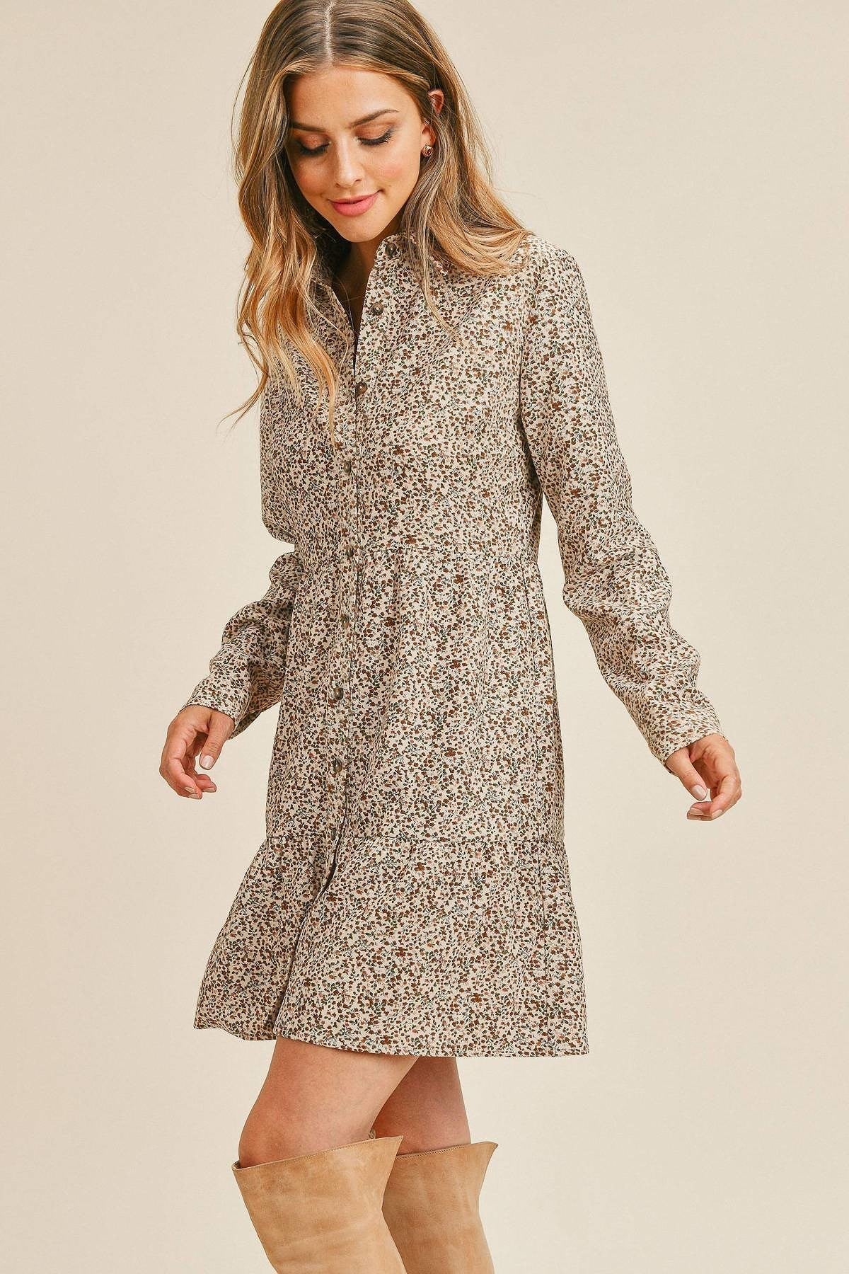 Corduroy Printed Button Down Dress-Taupe/Multi